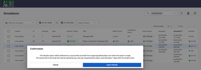 Results Export Confirmation dialogue