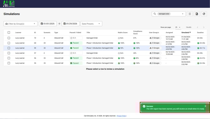 Results Export Success message